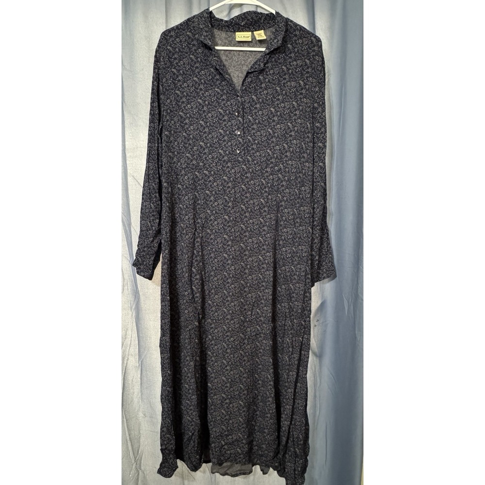 Vintage LL Bean Long Midi Navy Blue Cottage Core Prairie Dress 16